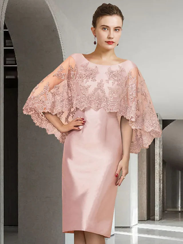 Wholesale Mother of the Bride Dress Elegant Jewel Neck Knee Length Lace Satin Half Sleeve with Appliques